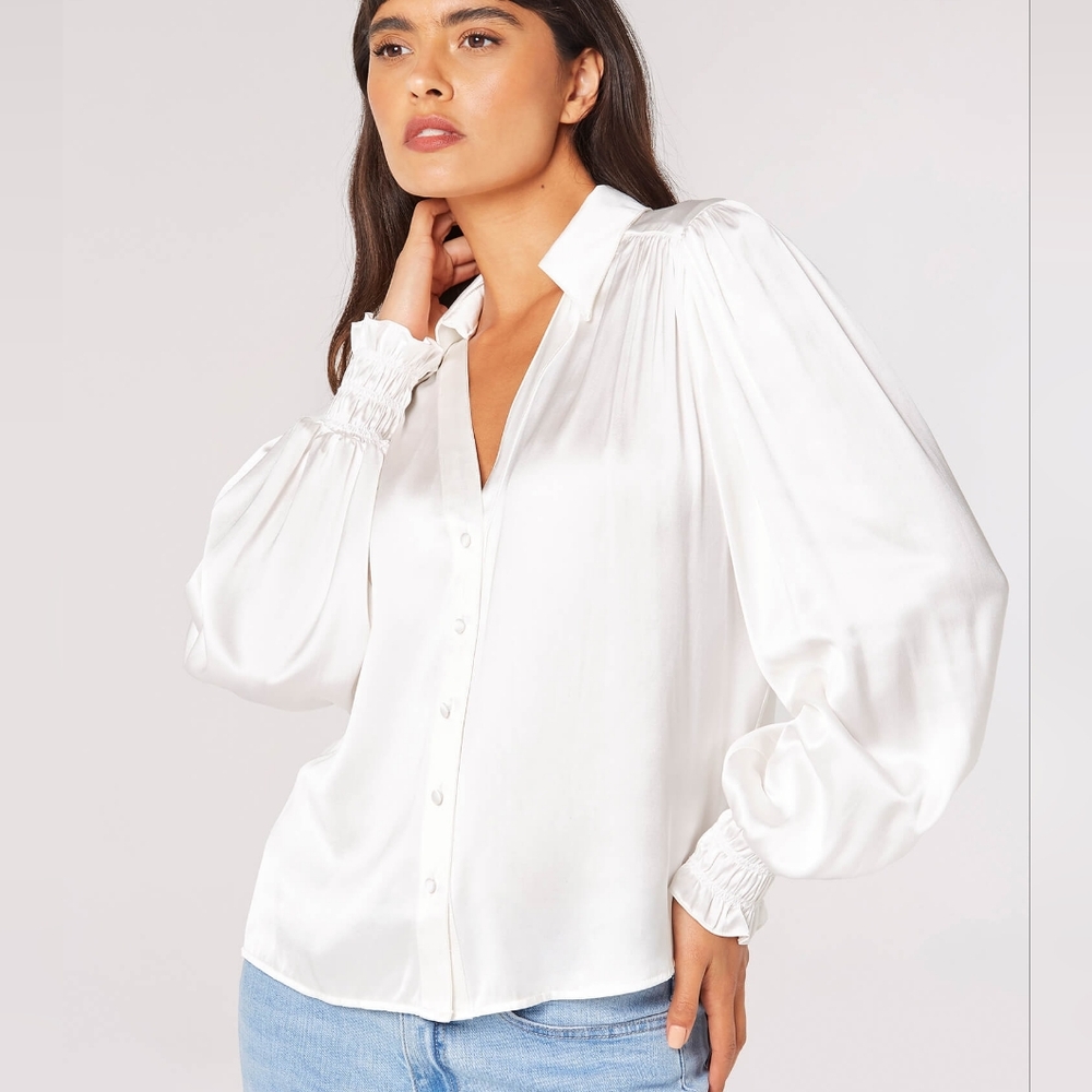 Satin Blouse with Blouson Sleeve and Smocked Cuff